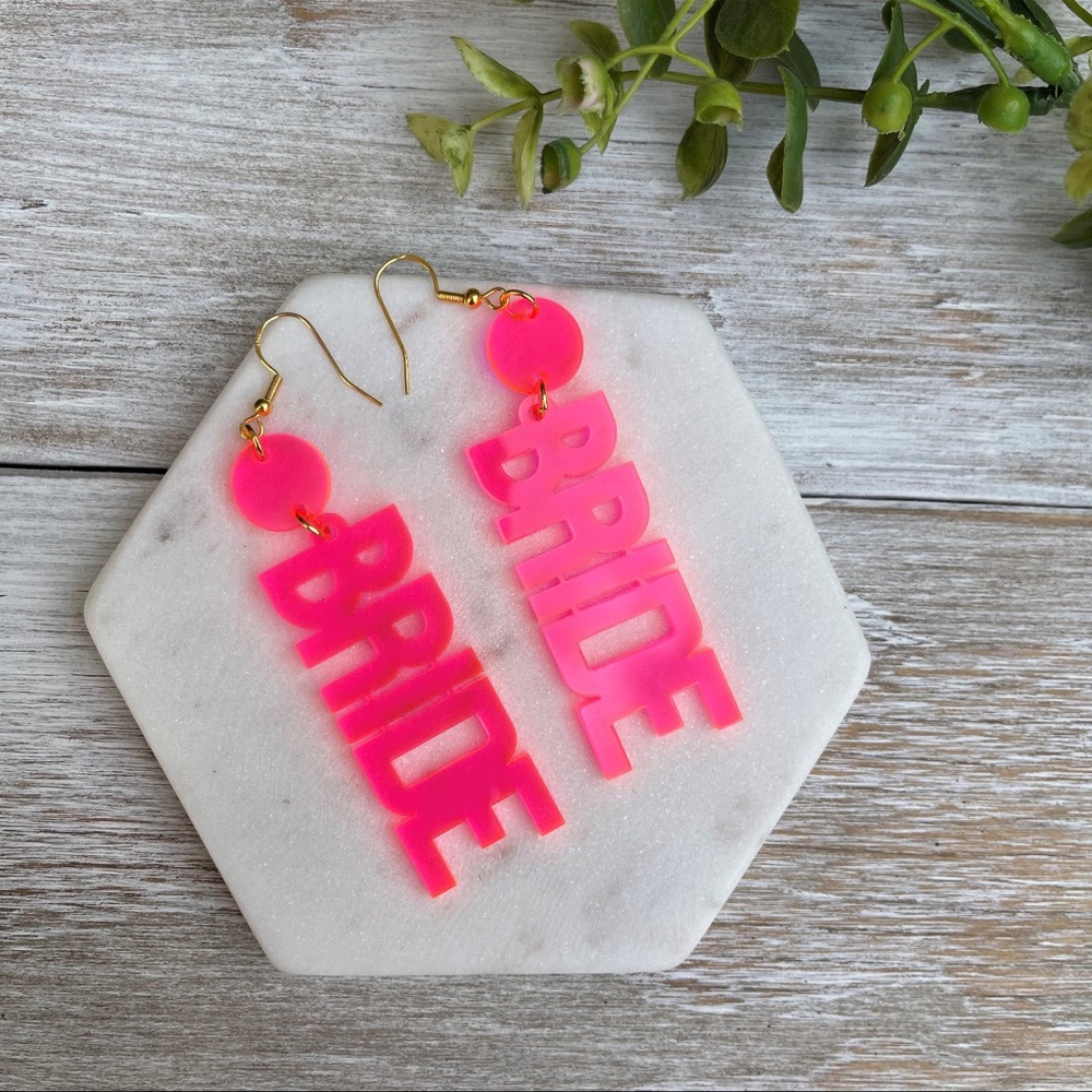 Bride Acrylic Neon Earrings | Fluorescent Red/Pink Bride Earrings | Bachelorette